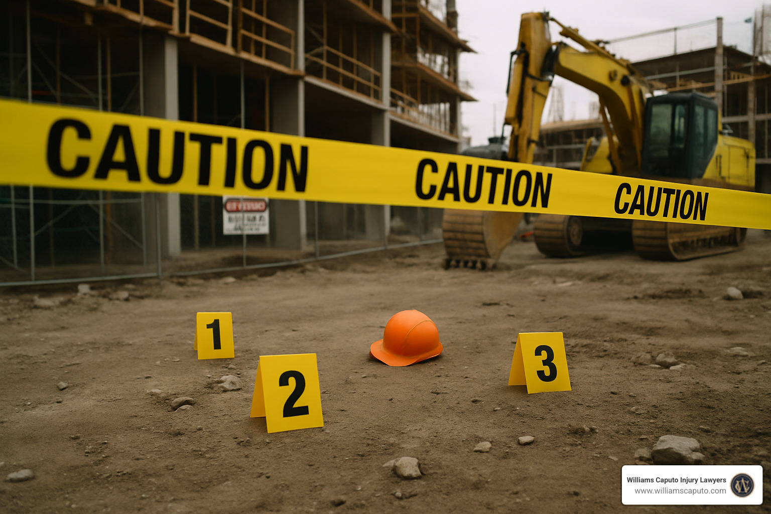 Construction site accident scene with caution tape and evidence markers - Austin construction injury lawyer