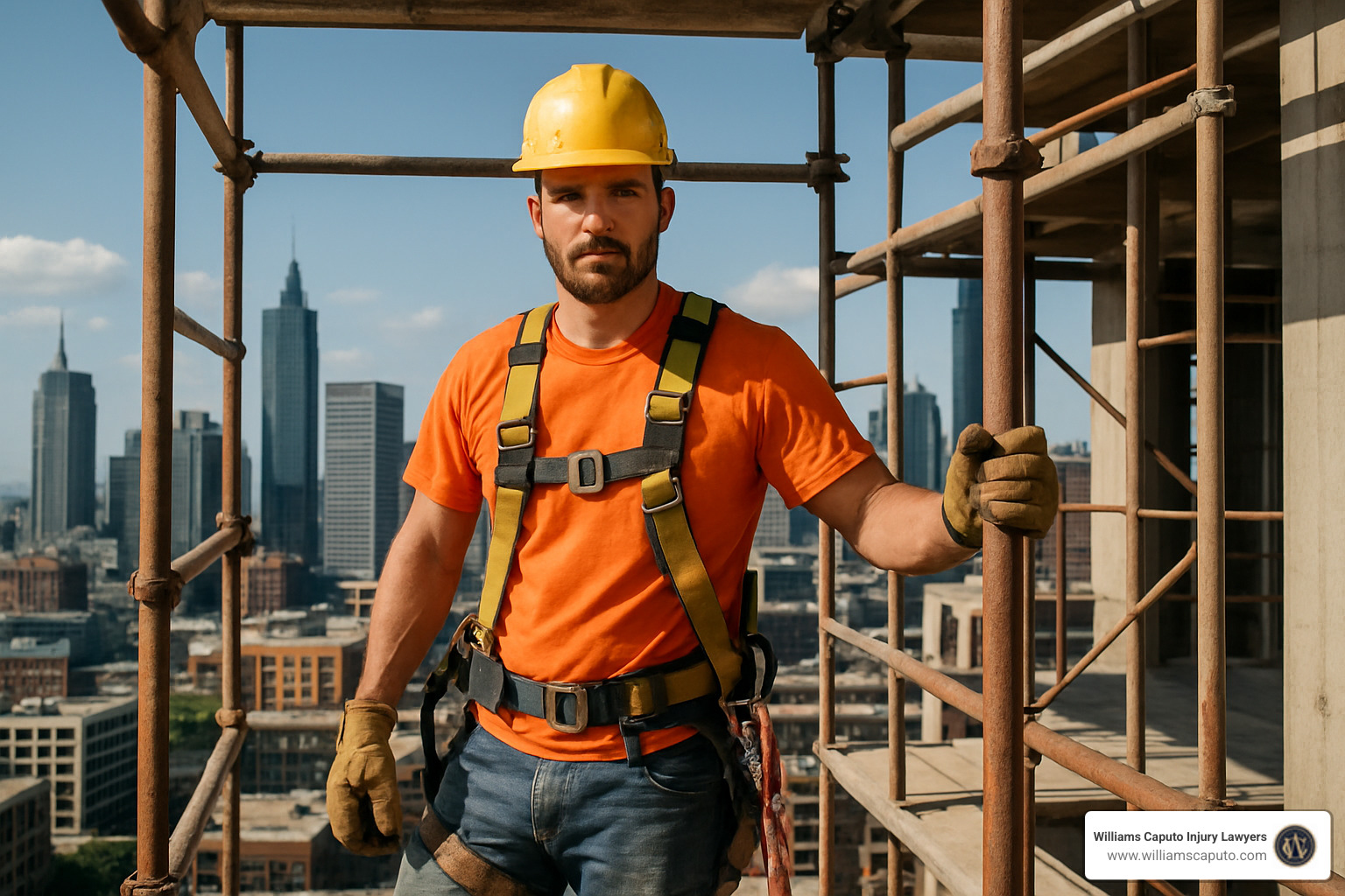 Construction worker wearing safety harness on high scaffolding - Austin construction injury lawyer