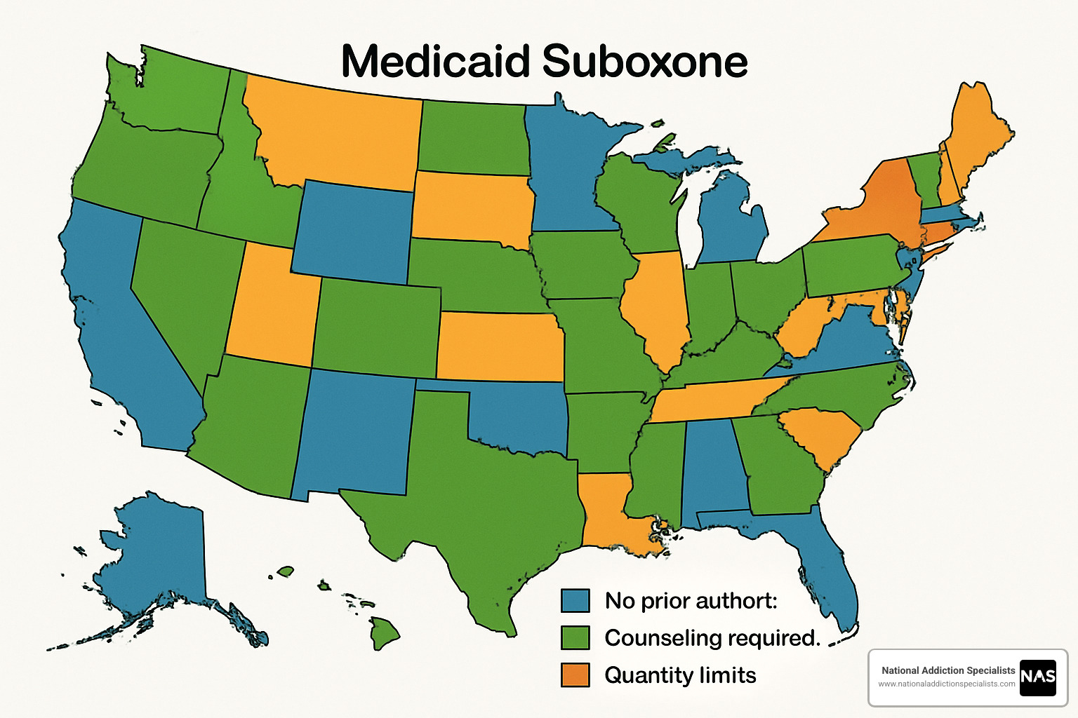 US map showing Medicaid Suboxone coverage variations by state - does medicaid cover suboxone treatment