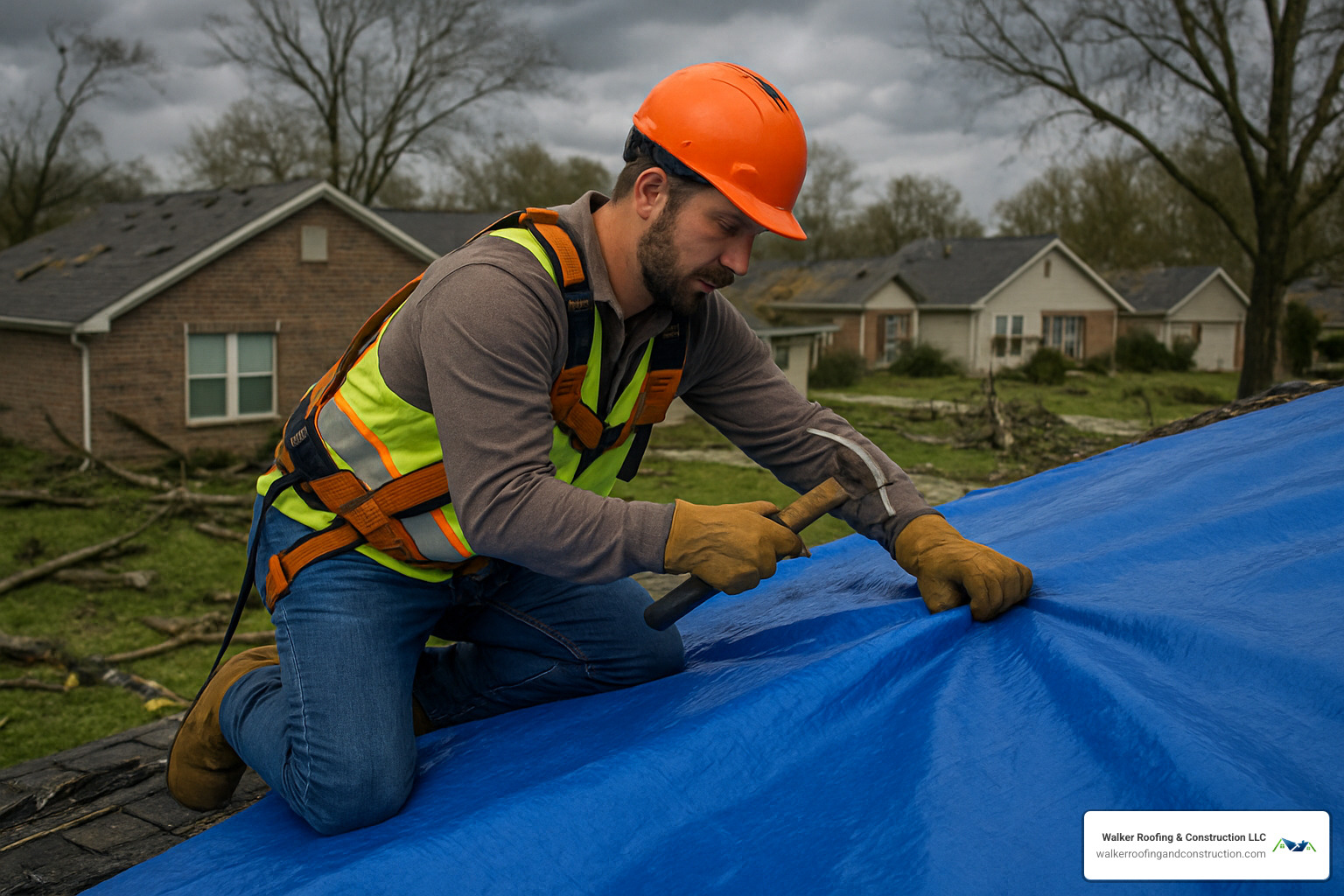 professional installing emergency roof tarp after storm damage - can you claim a new roof on home insurance