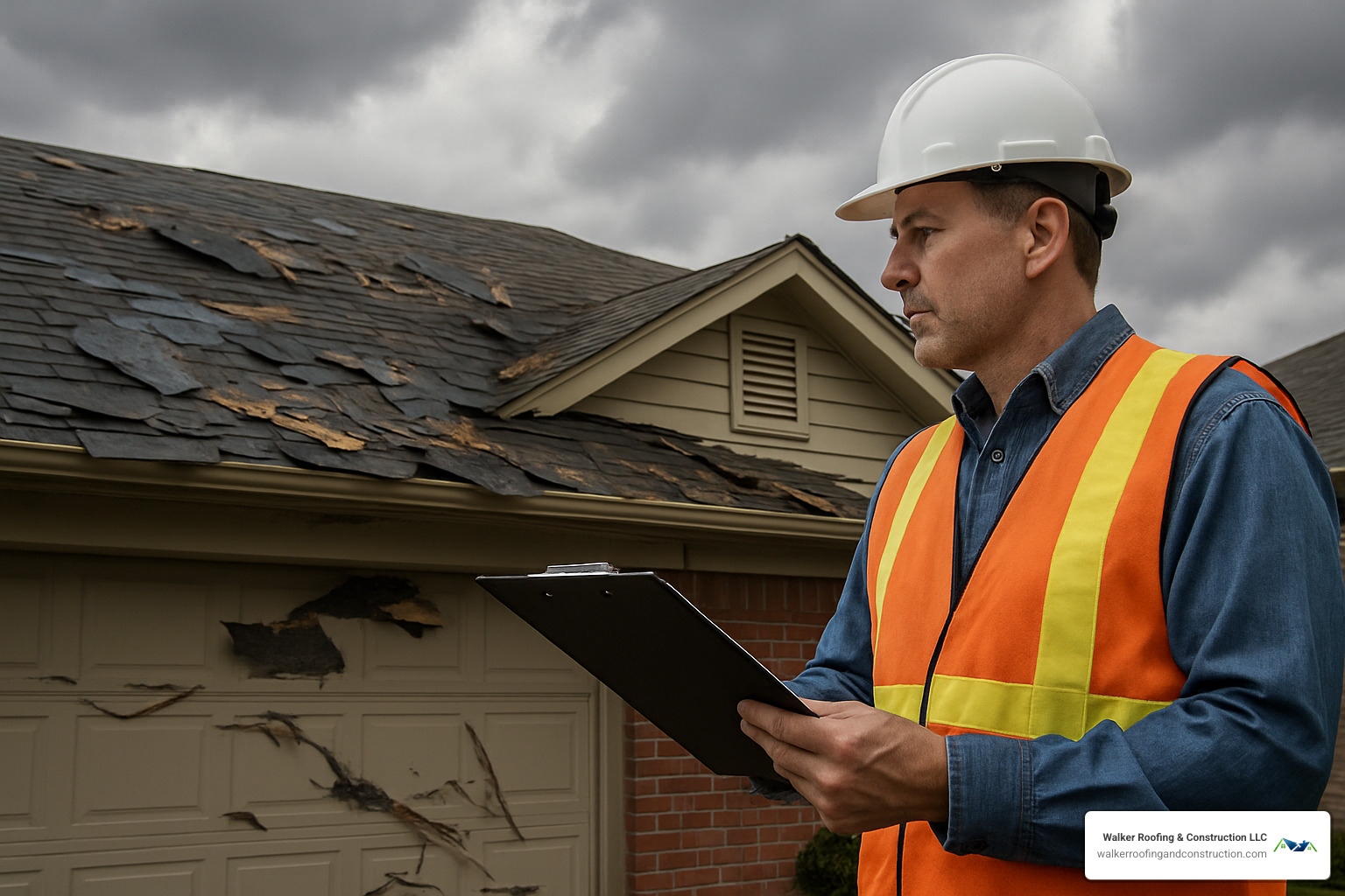 insurance adjuster inspecting storm damaged roof - can you claim a new roof on home insurance