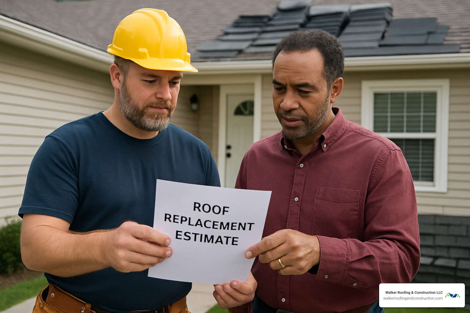 contractor and homeowner reviewing roof replacement estimate - can you claim a new roof on home insurance