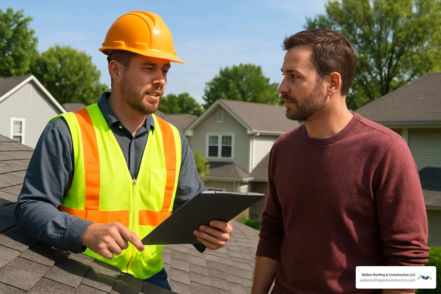contractor inspecting roof with homeowner - can you claim a new roof on home insurance