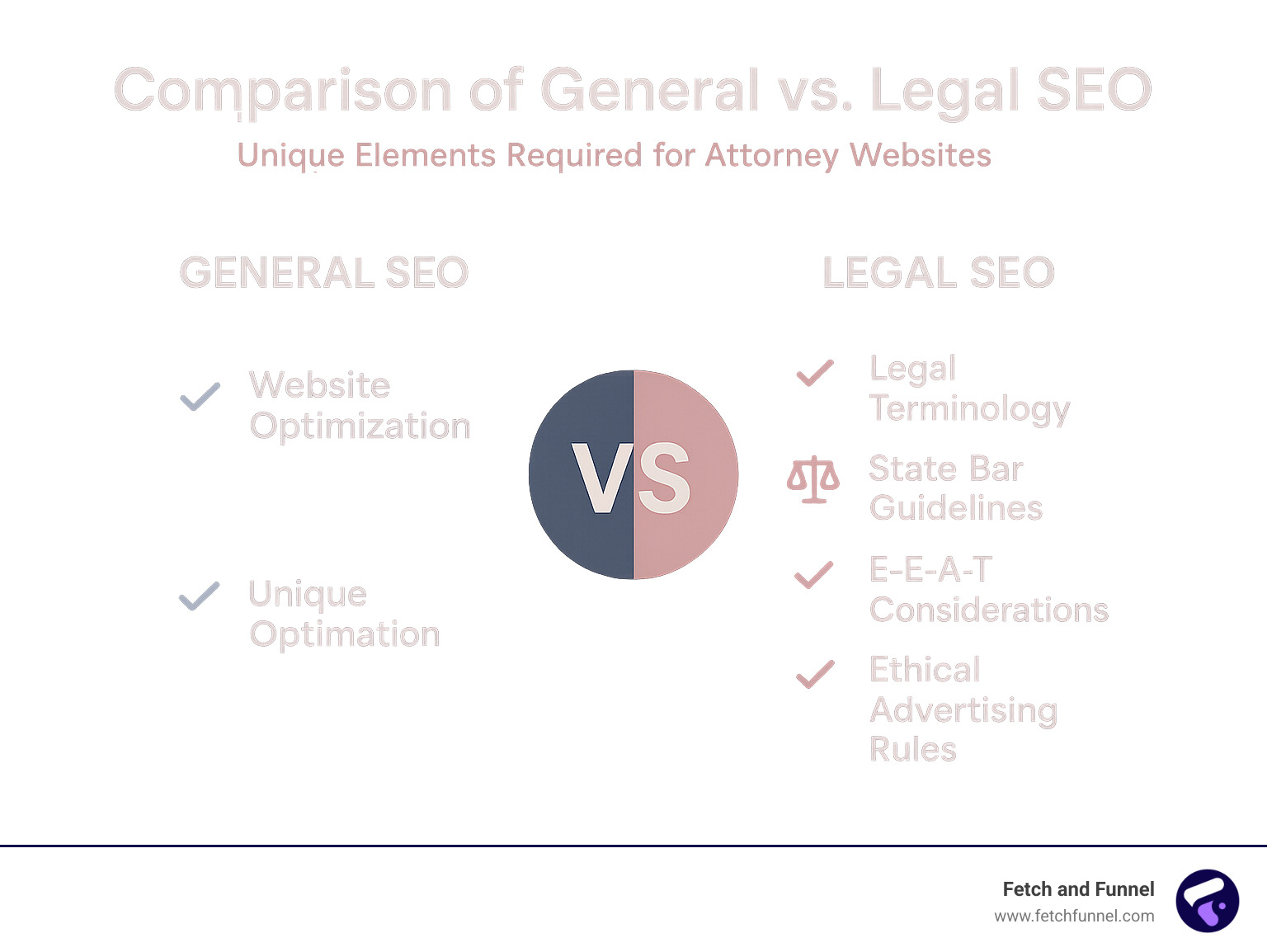 comparison of general vs legal SEO factors showing the unique elements required for attorney websites - attorney seo agency infographic