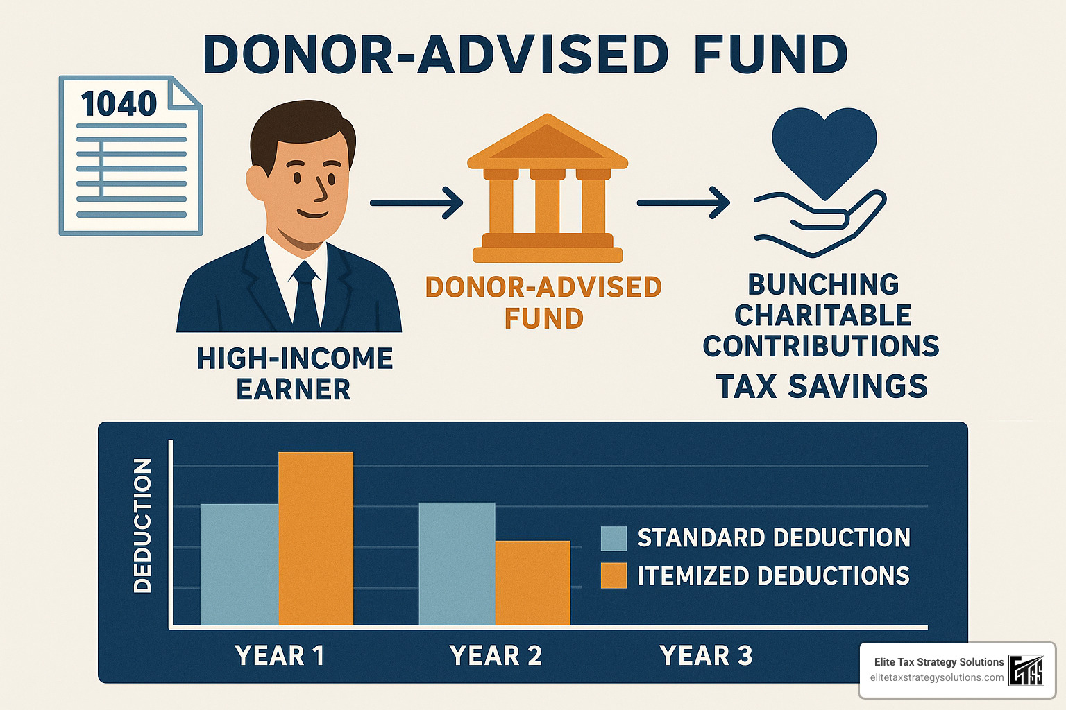 Charitable contribution bunching strategy showing tax savings over multiple years - tax strategies for high-income w2 earners