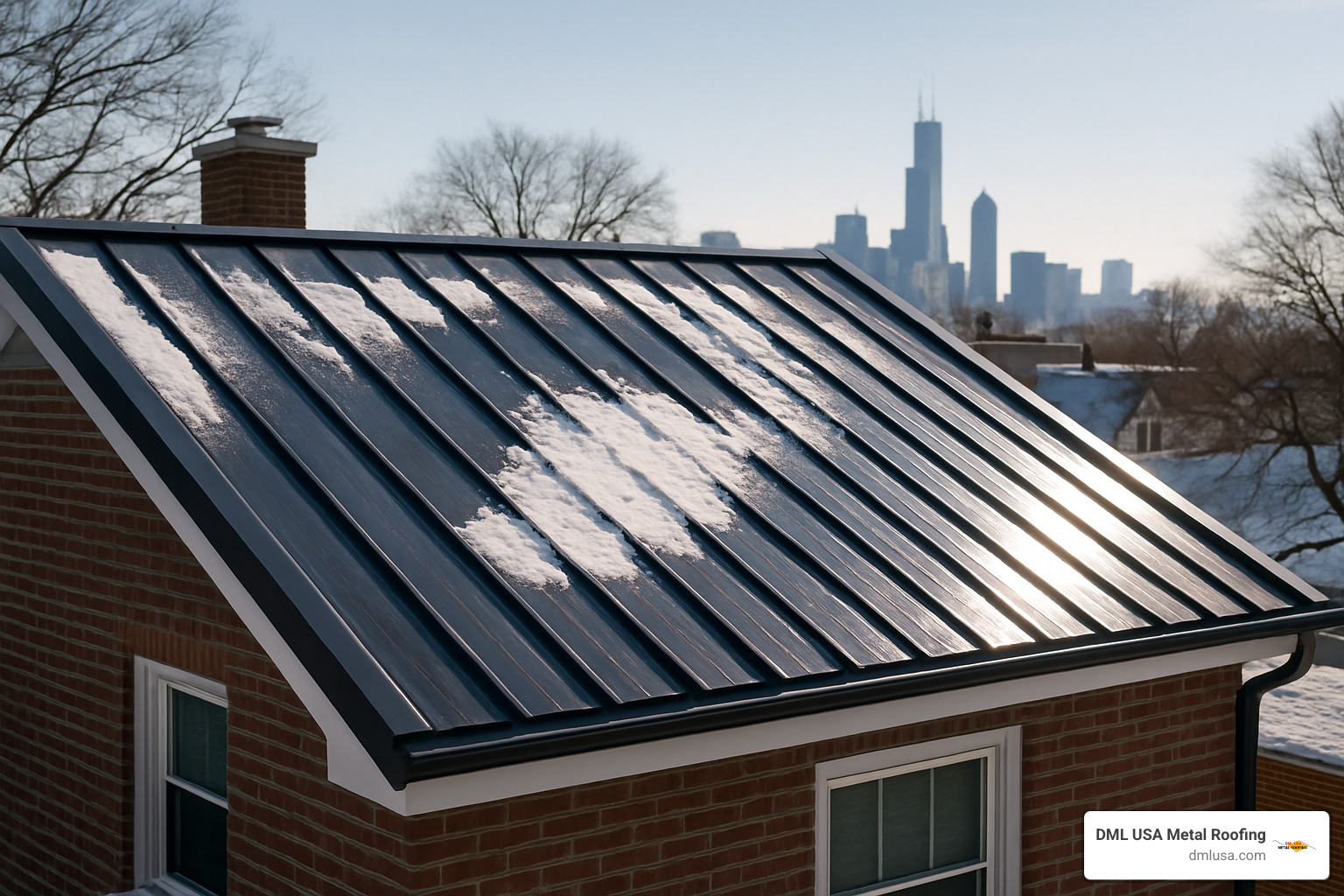 Finished metal roof in Chicago winter sun - Chicago roofing solutions