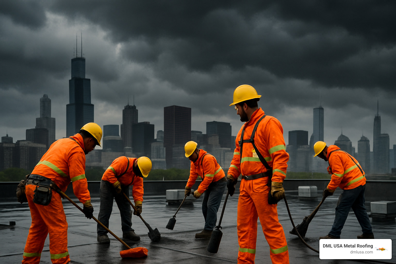 Emergency roofing crew working on a flat roof in Chicago - Chicago roofing solutions