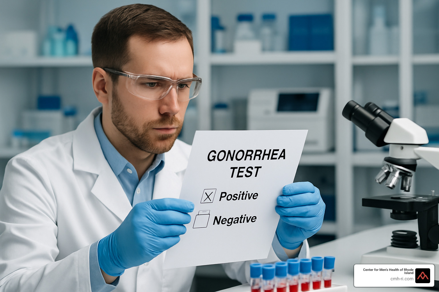 laboratory technician examining gonorrhea test results - gonorrhea pill treatment
