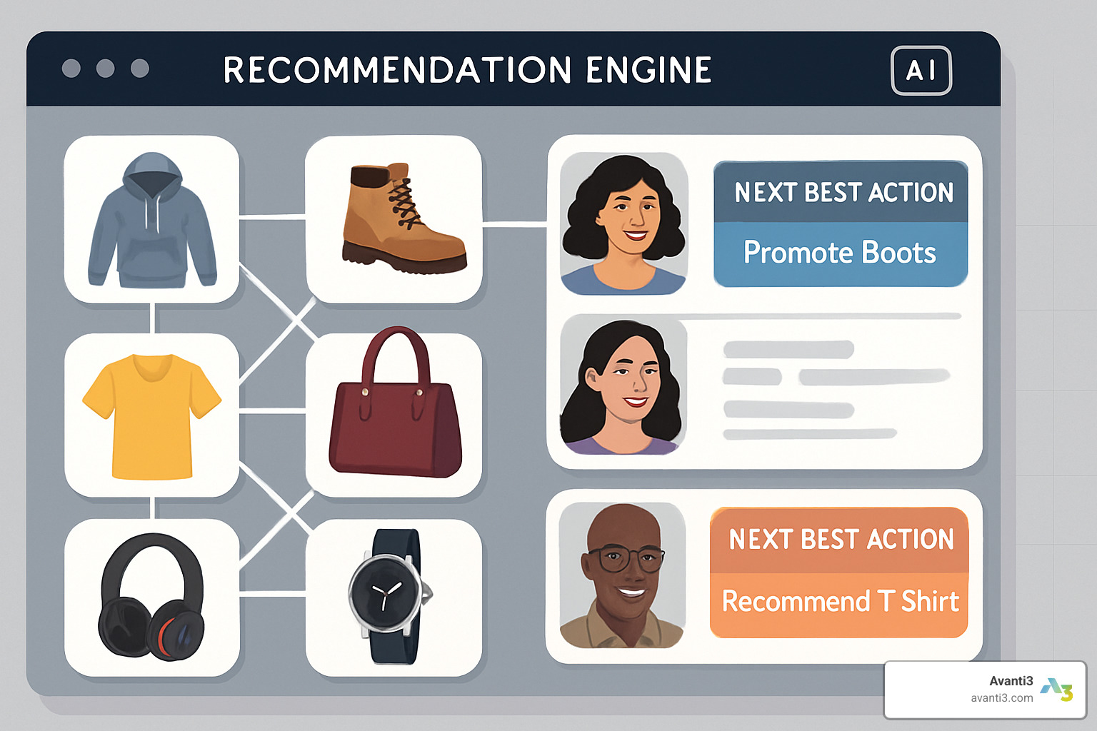 AI recommendation engine showing product affinity and next best actions - personalized customer experience