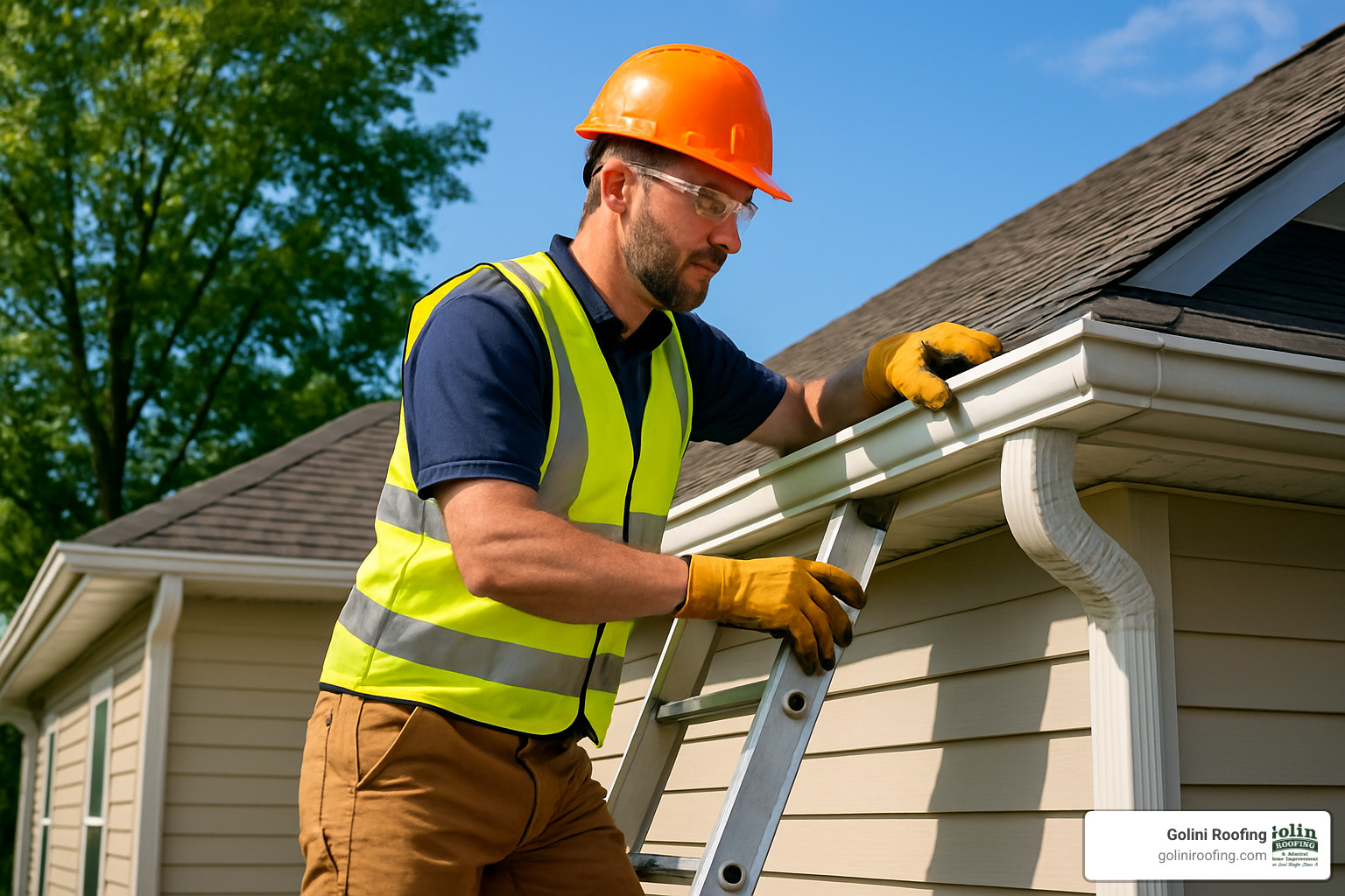 contractor checking gutters on a ladder - guttering contractors near me