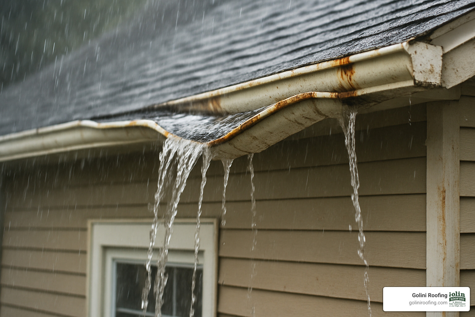 damaged gutters showing sagging and overflow - guttering contractors near me