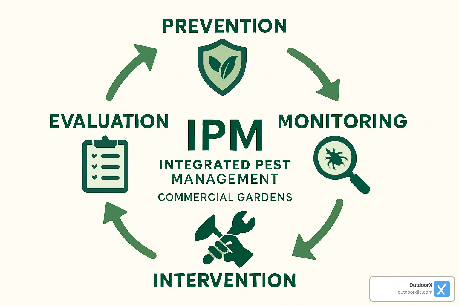 Integrated pest management diagram showing prevention, monitoring, intervention, and evaluation - commercial garden maintenance
