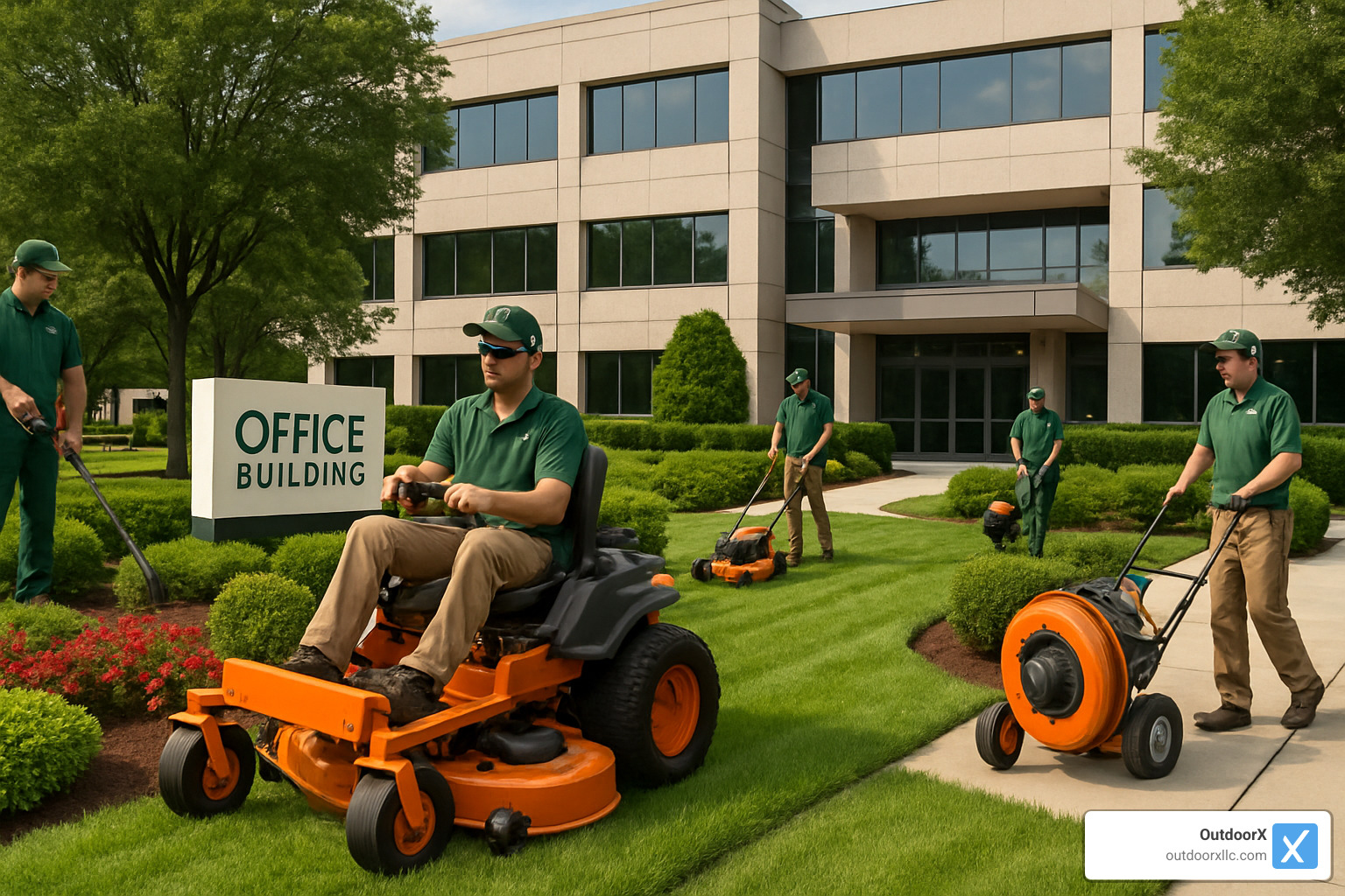 Commercial landscaping team working on office property - commercial garden maintenance