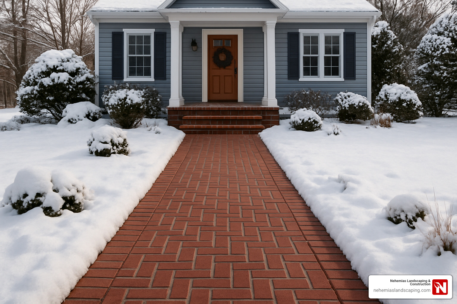 heated brick walkway clear of snow in winter - brick walkway installation near me
