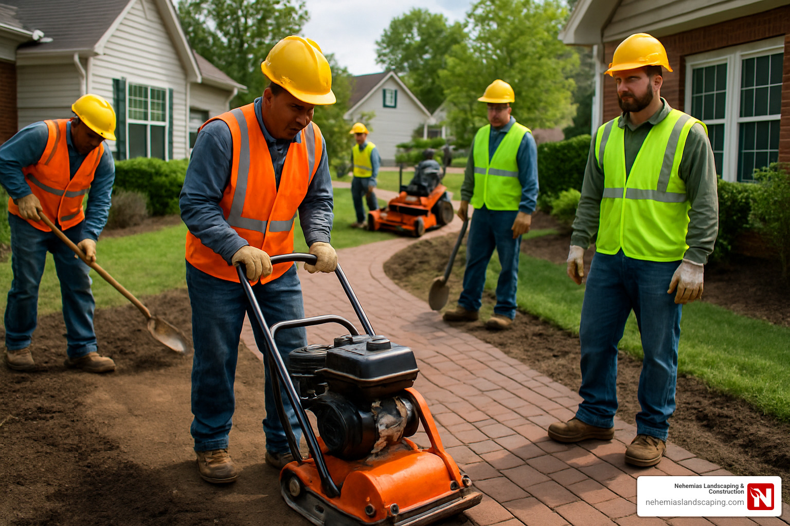 professional crew using plate compactor on new brick walkway - brick walkway installation near me