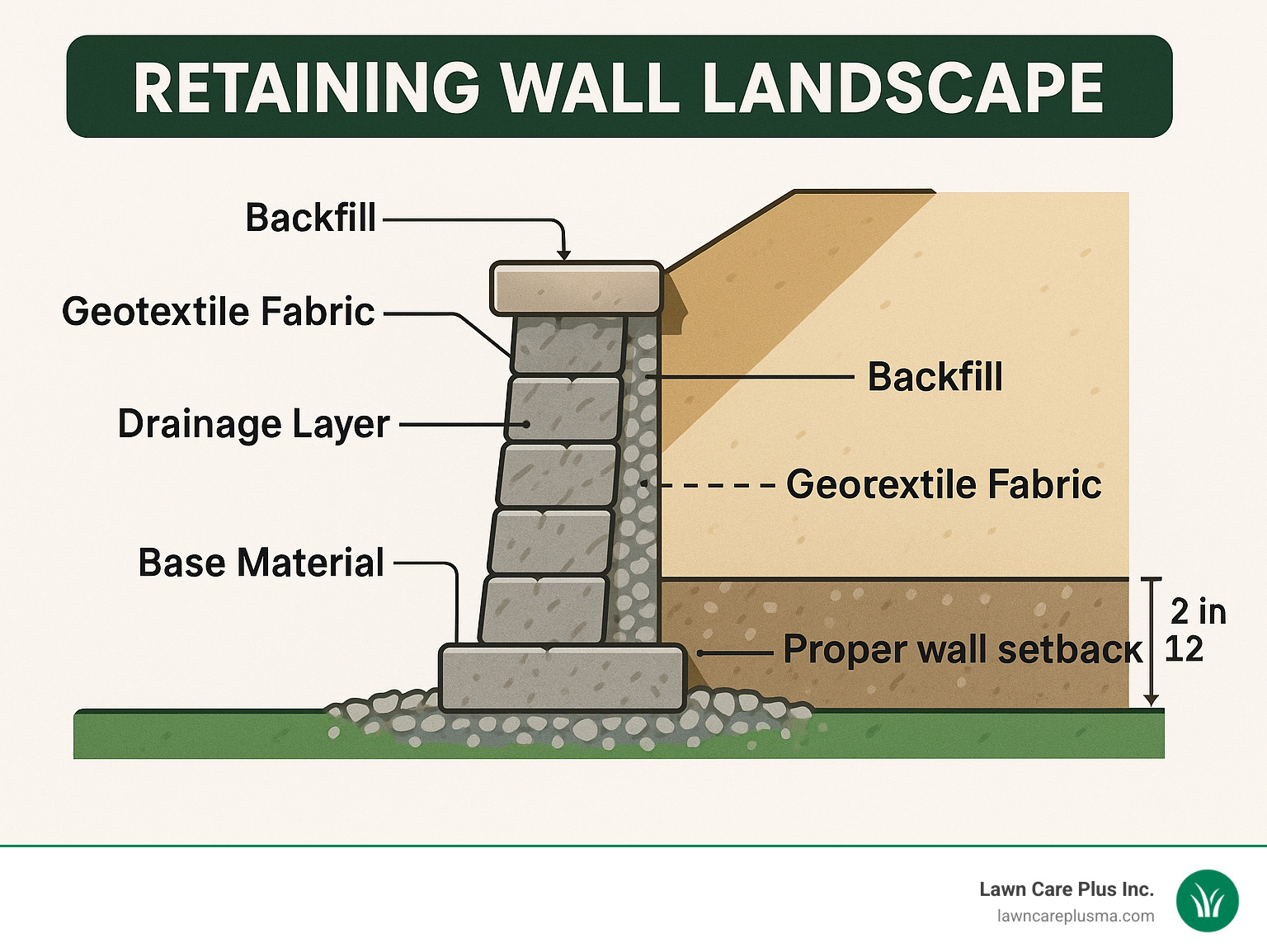 Detailed cross-section of a retaining wall showing drainage layer, backfill, geotextile fabric, base material, cap stones, and proper wall setback with labeled components and measurements - retaining wall landscape infographic