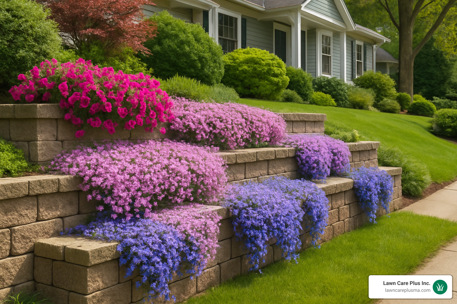 cascading flowers on tiered retaining wall - retaining wall landscape