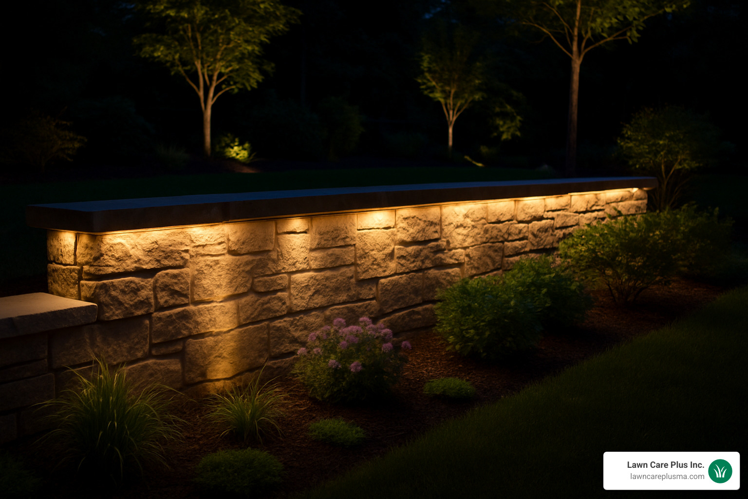 illuminated retaining wall at night - retaining wall landscape