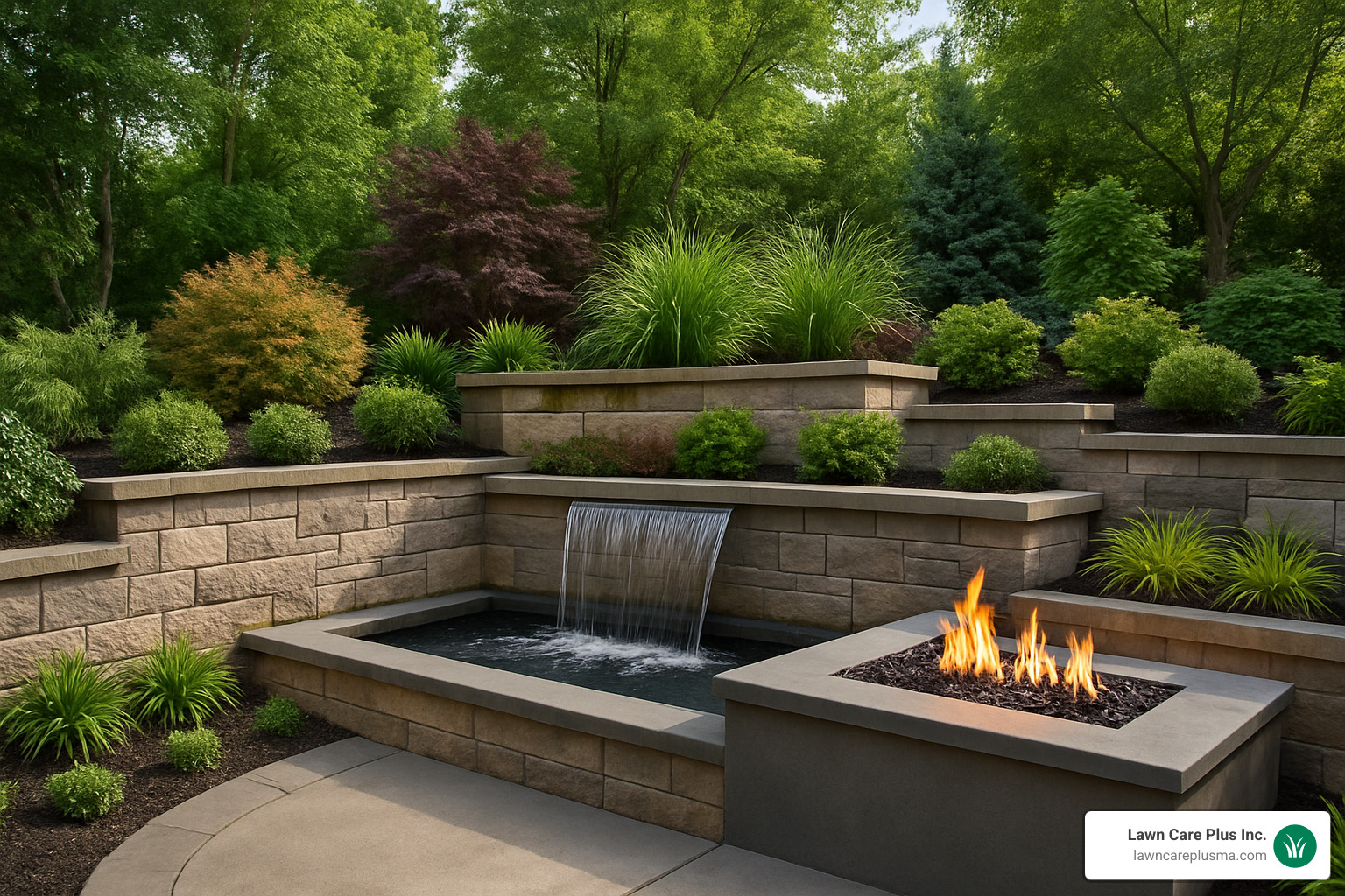 retaining wall with integrated water and fire features - retaining wall landscape
