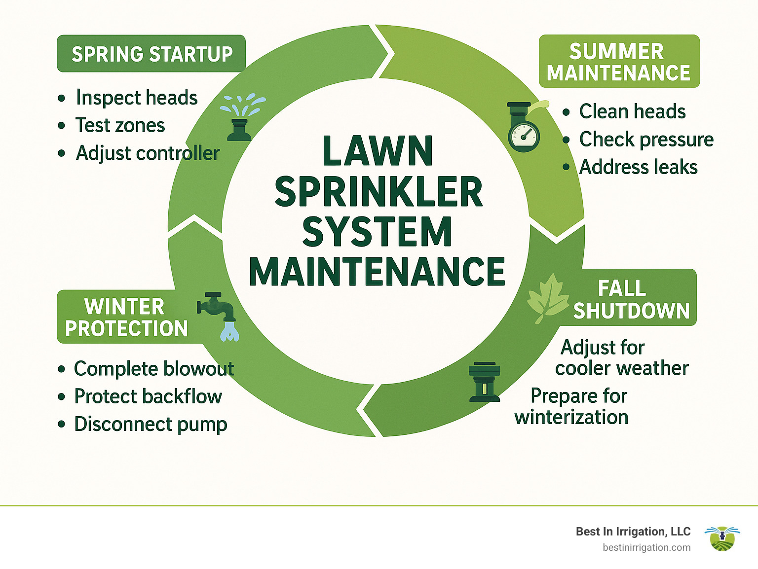 Annual lawn sprinkler system maintenance cycle showing spring startup tasks (inspect heads, test zones, adjust controller), summer maintenance (clean heads, check pressure, address leaks), fall shutdown (adjust for cooler weather, prepare for winterization), and winter protection (complete blowout, protect backflow, disconnect pump) - lawn sprinkler system maintenance infographic 