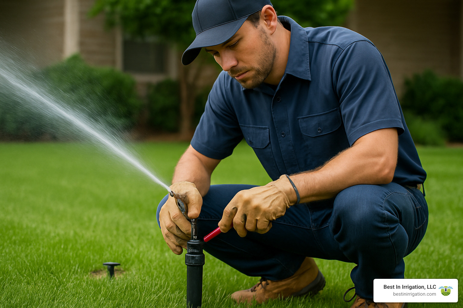 Professional technician performing sprinkler system maintenance - lawn sprinkler system maintenance
