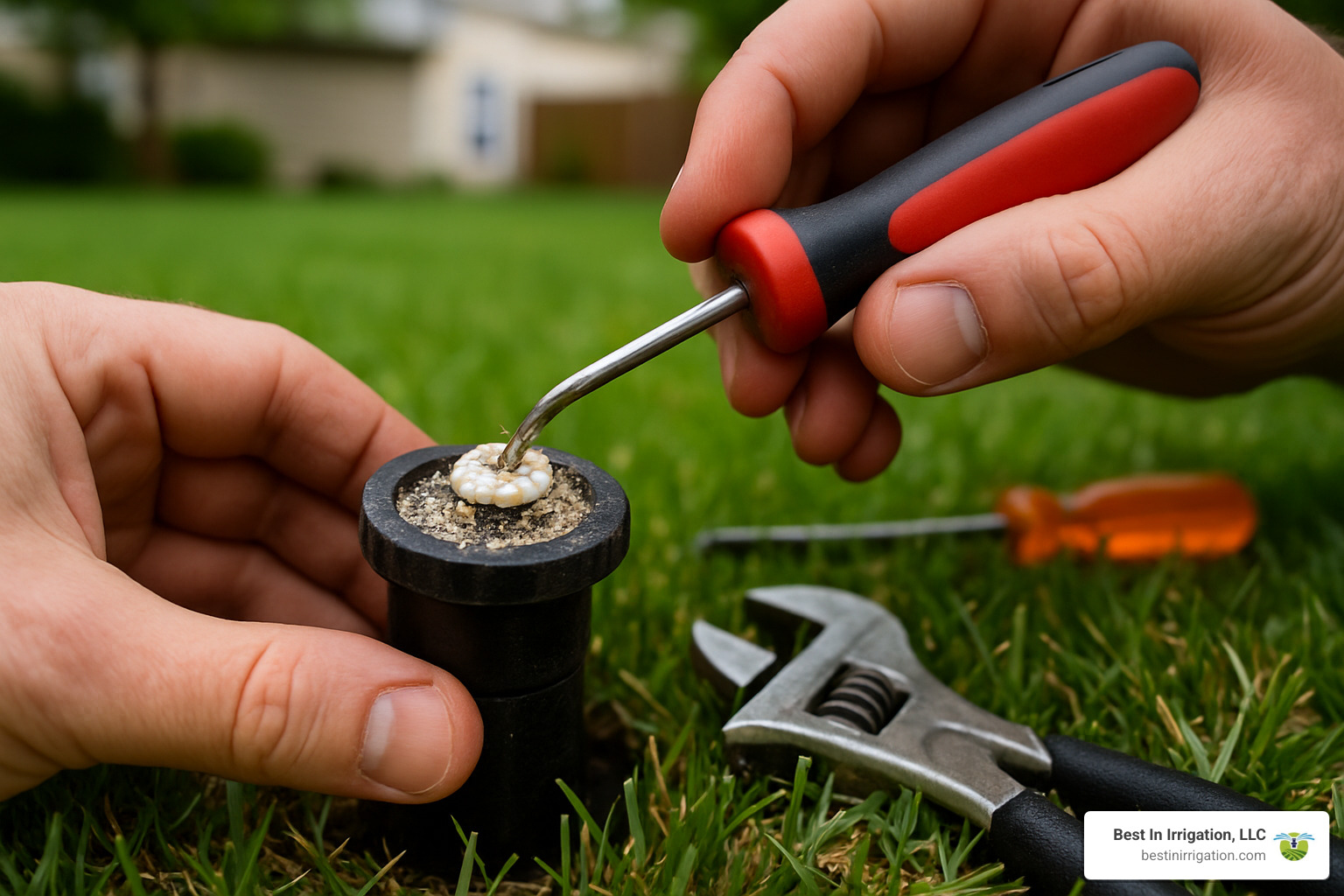 Close-up of cleaning a clogged sprinkler head - lawn sprinkler system maintenance