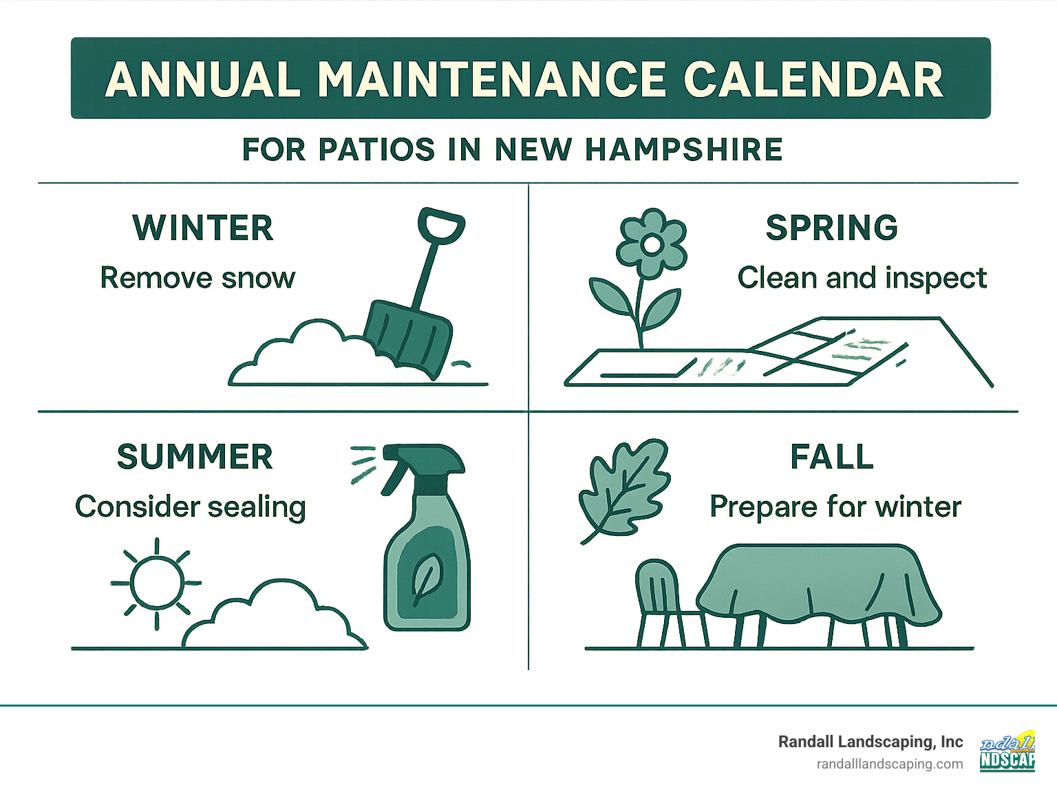 annual maintenance calendar for patios in New Hampshire showing seasonal tasks - Patio design Atkinson NH infographic 