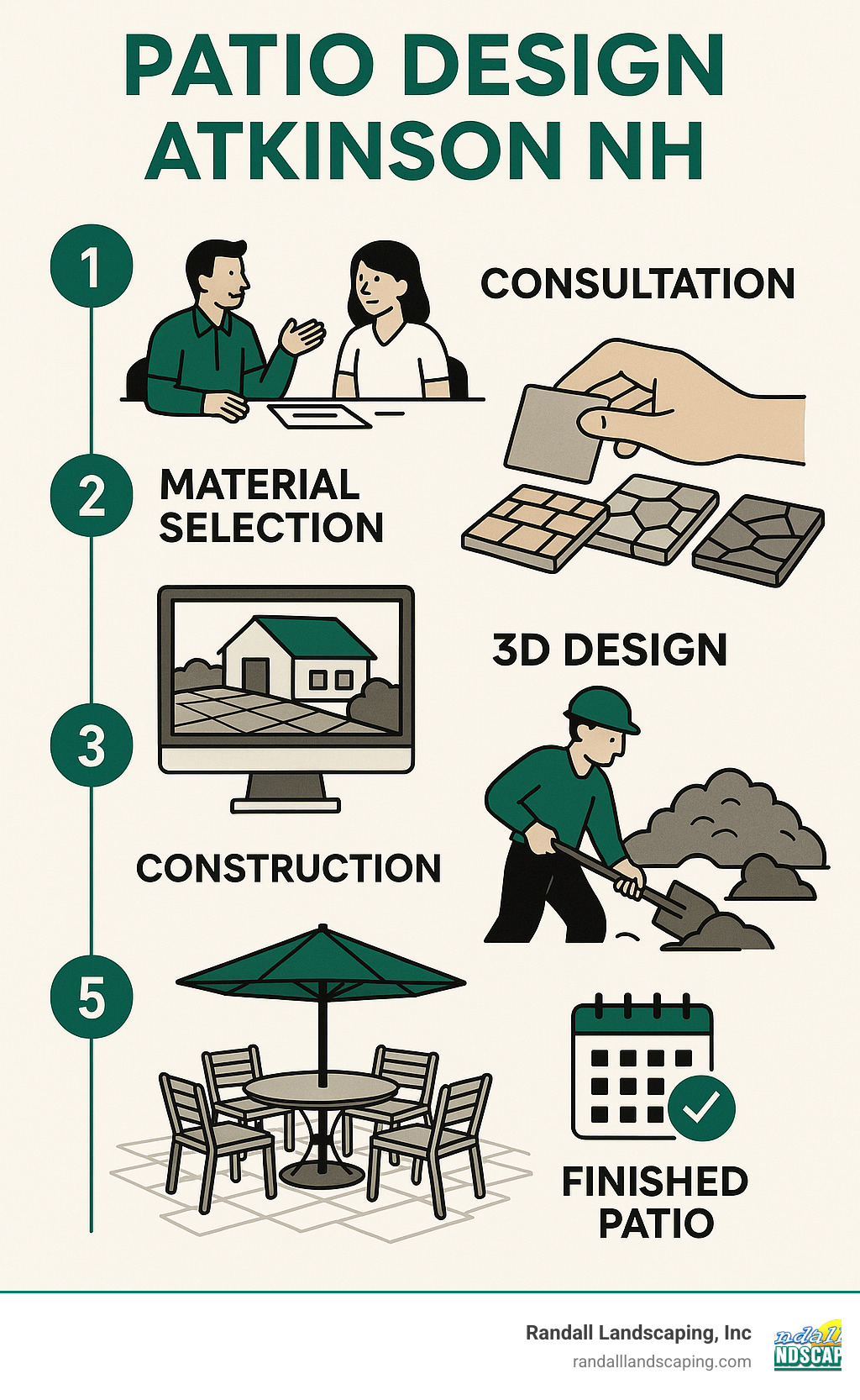 5-step process of patio design in Atkinson NH showing consultation, material selection, 3D design, construction phases, and finished patio with maintenance calendar - Patio design Atkinson NH infographic 