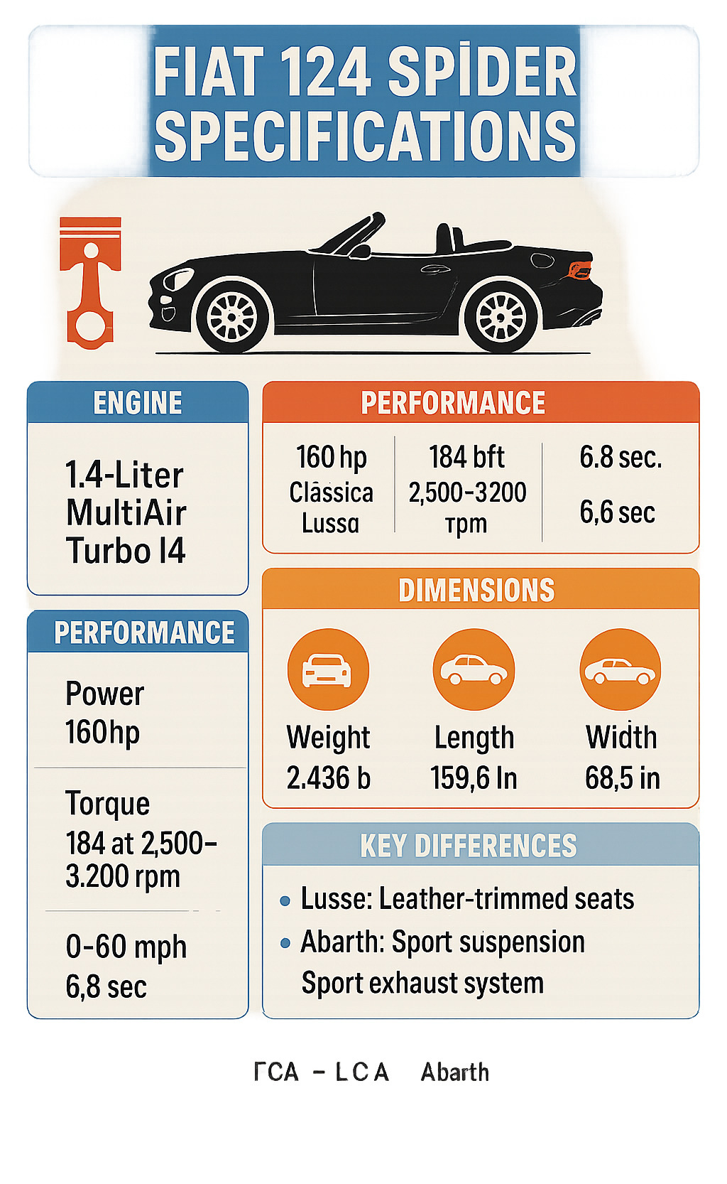 Fiat 124 Spider specifications comparison showing engine specs, performance metrics, dimensions, and key differences between all trim levels including Classica, Lusso and Abarth models with side-by-side technical data - fiat 124 spider specifications infographic 