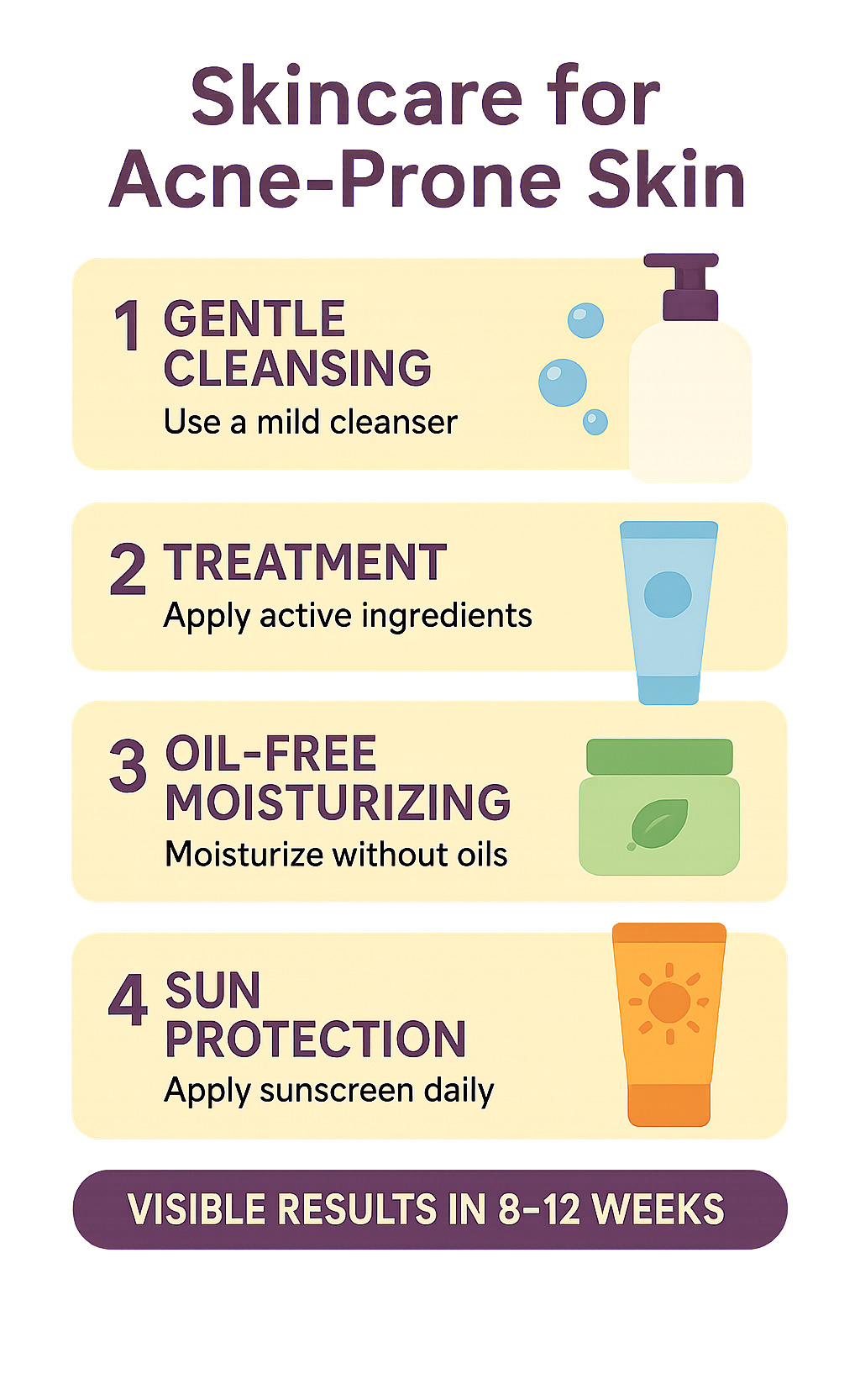 Infographic showing the 4-step skincare routine for acne-prone skin: gentle cleansing, targeted treatment with active ingredients, oil-free moisturizing, and daily sun protection, with a timeline showing 8-12 weeks for visible results - Skincare for acne-prone skin infographic 
