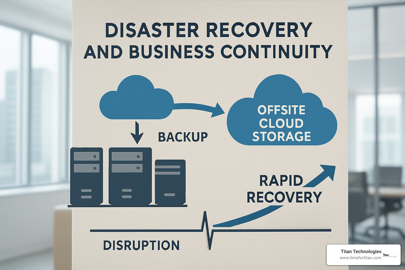 Disaster recovery and business continuity diagram showing cloud backup systems and recovery timeline - cloud based services new jersey