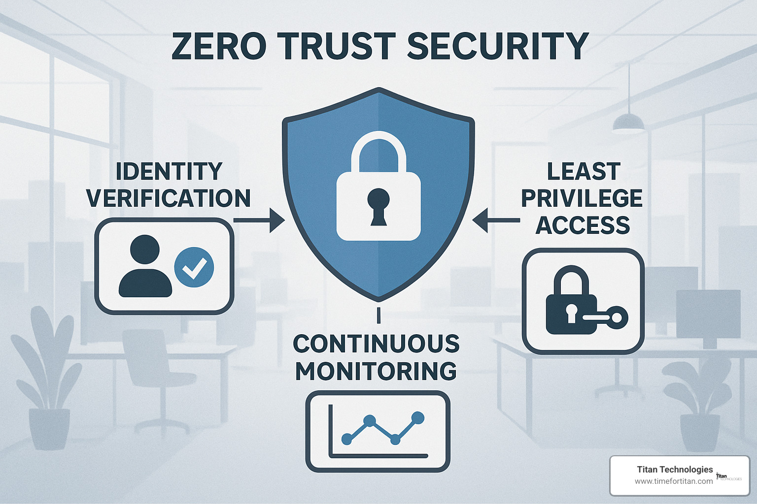 Zero trust security architecture diagram showing identity verification, least privilege access, and continuous monitoring - cloud based services new jersey