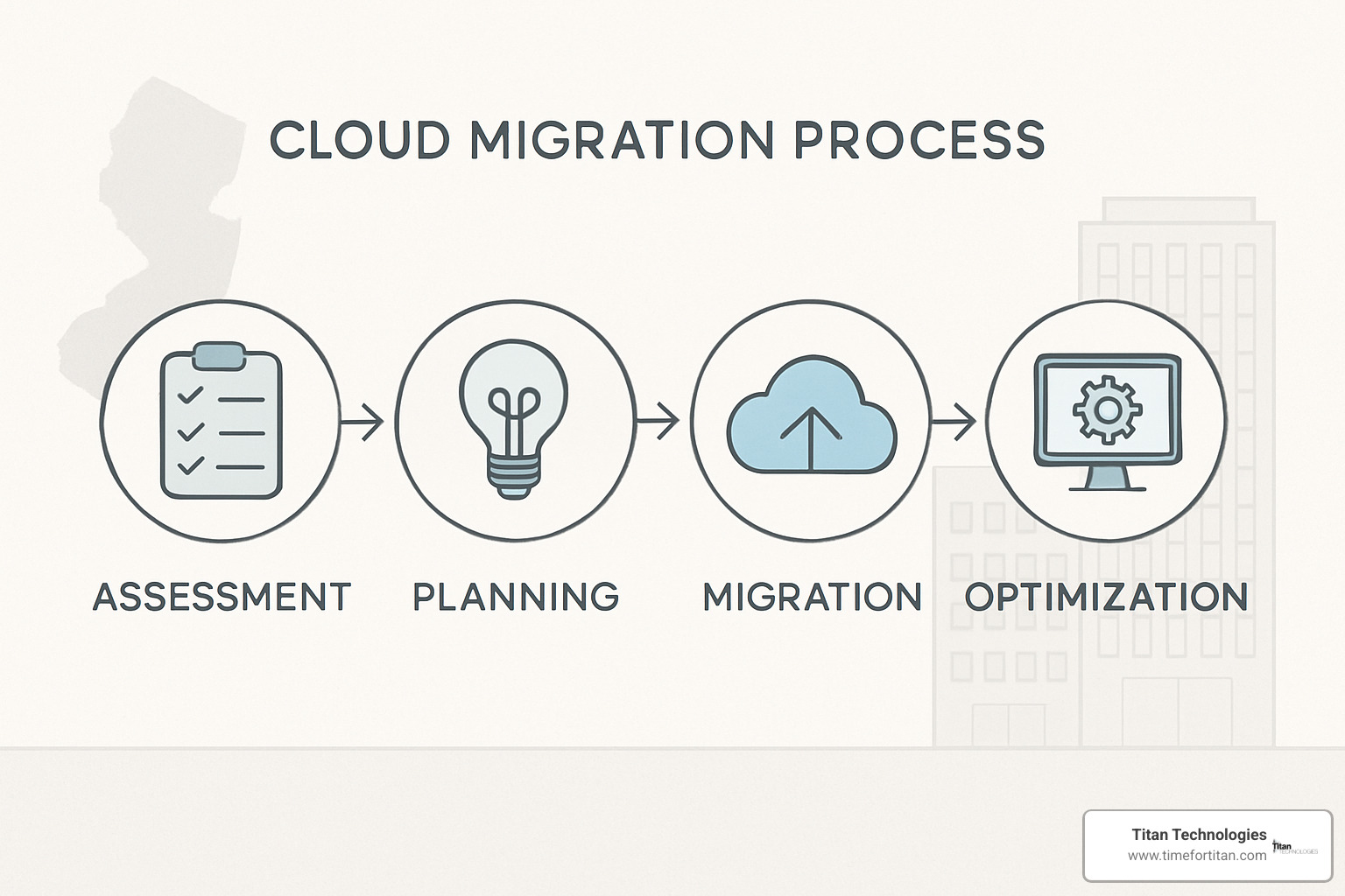Cloud migration process diagram showing assessment, planning, migration, and optimization phases - cloud based services new jersey