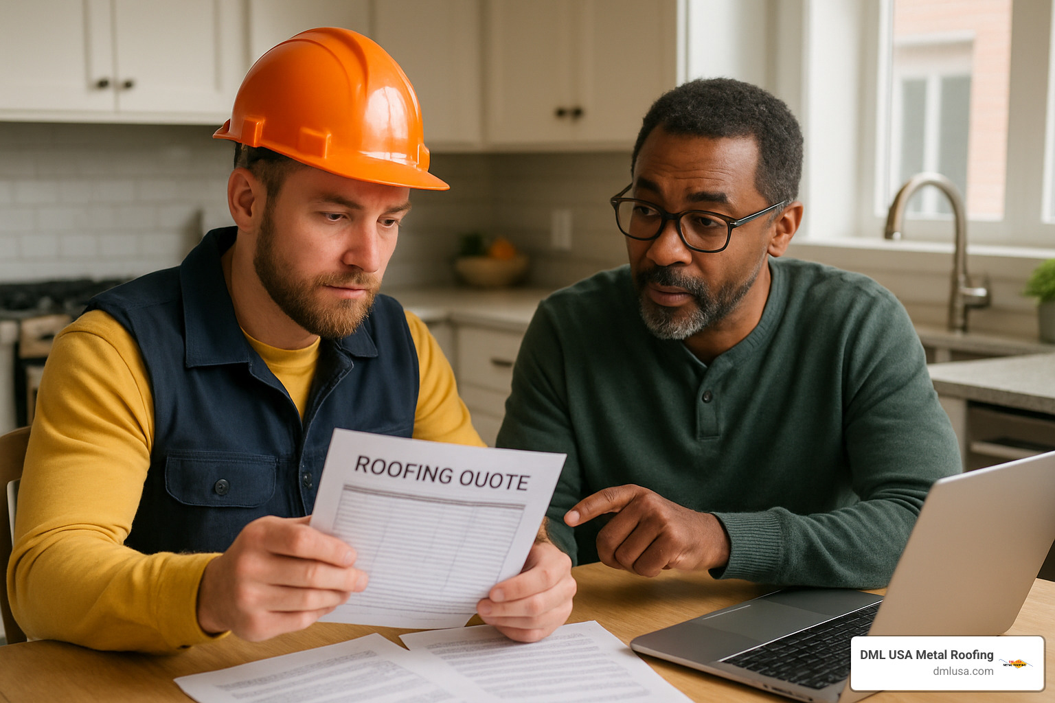 Contractor comparing quotes with homeowner at kitchen table - Roofing material cost comparison
