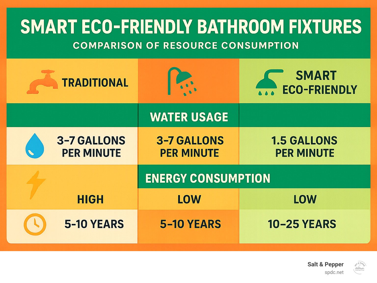 Comparison table showing resource consumption between traditional bathroom fixtures and smart eco-friendly bathroom fixtures, including water usage, energy consumption, and average lifespan - eco-friendly bathroom fixtures infographic 