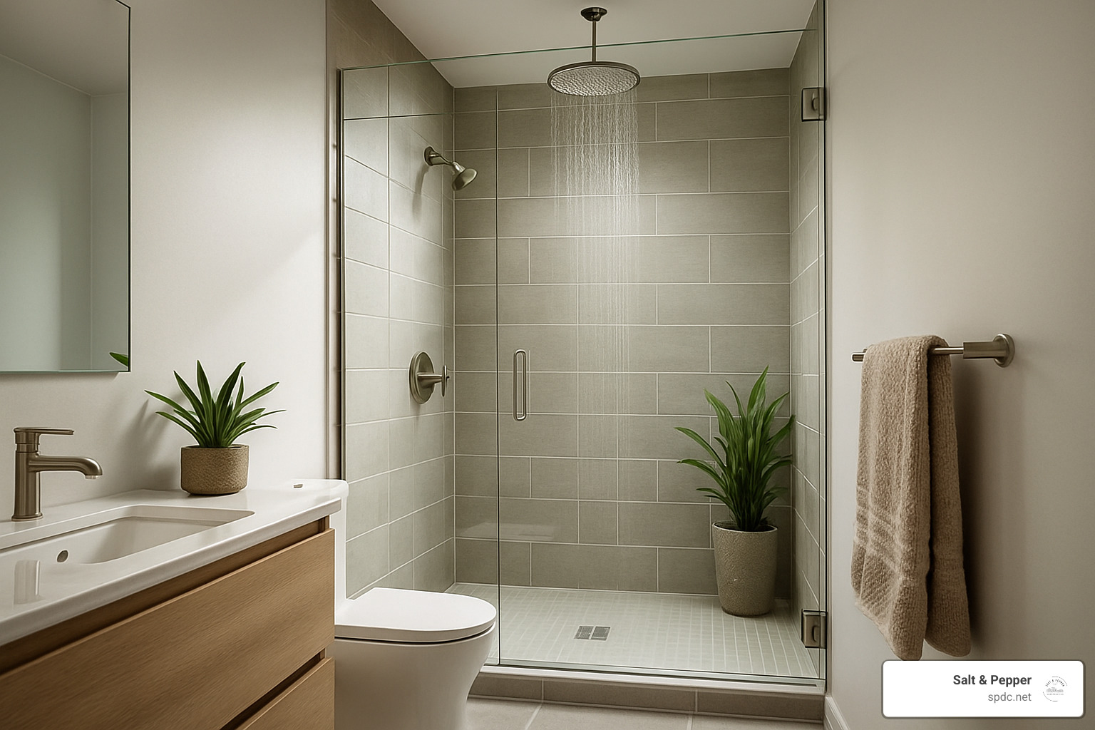 low-flow rain shower head in modern bathroom - eco-friendly bathroom fixtures