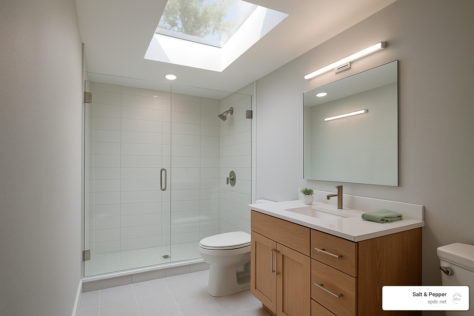 bathroom with skylight and energy efficient lighting - eco-friendly bathroom fixtures
