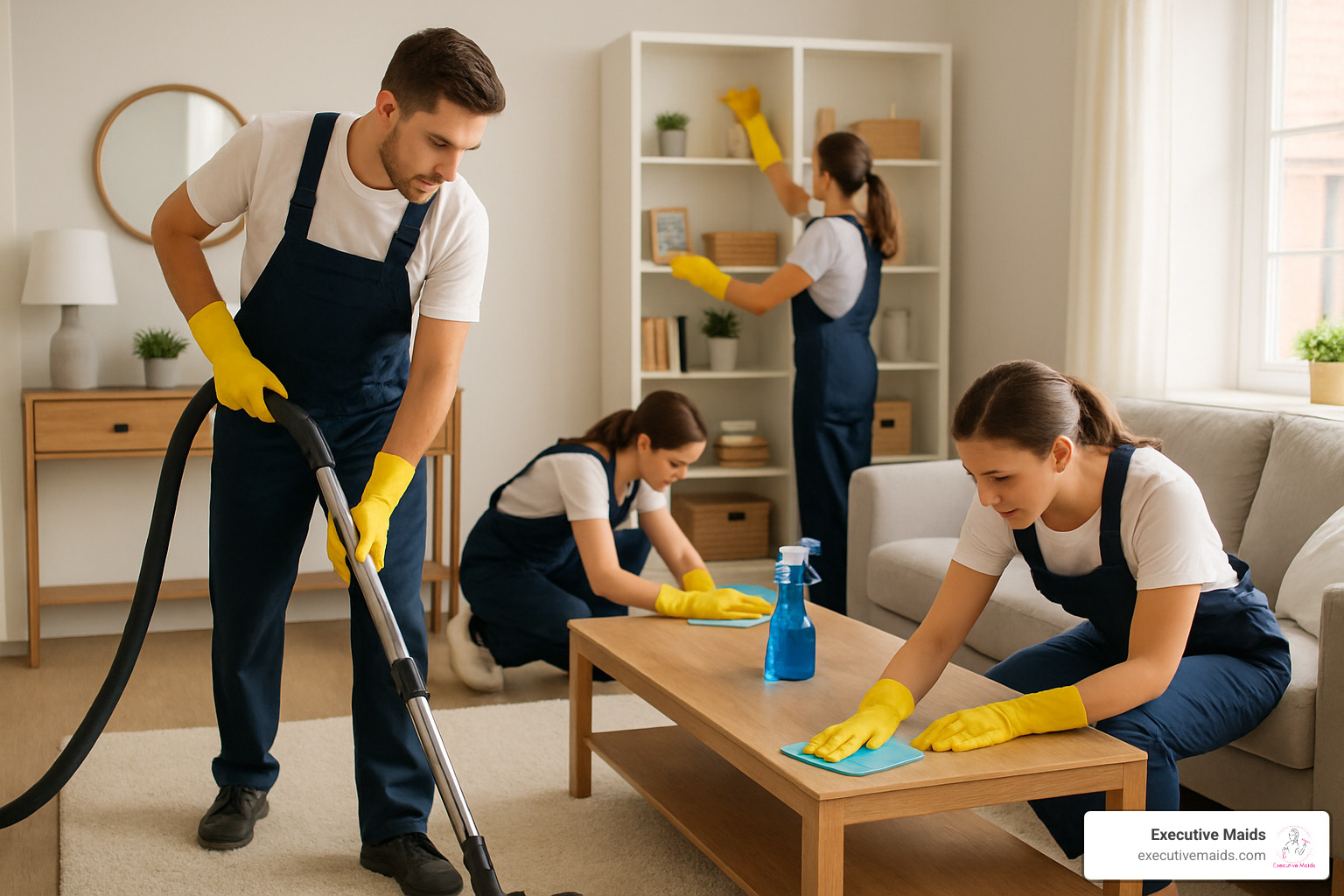 professional housekeeping team cleaning a living room - housekeeping services