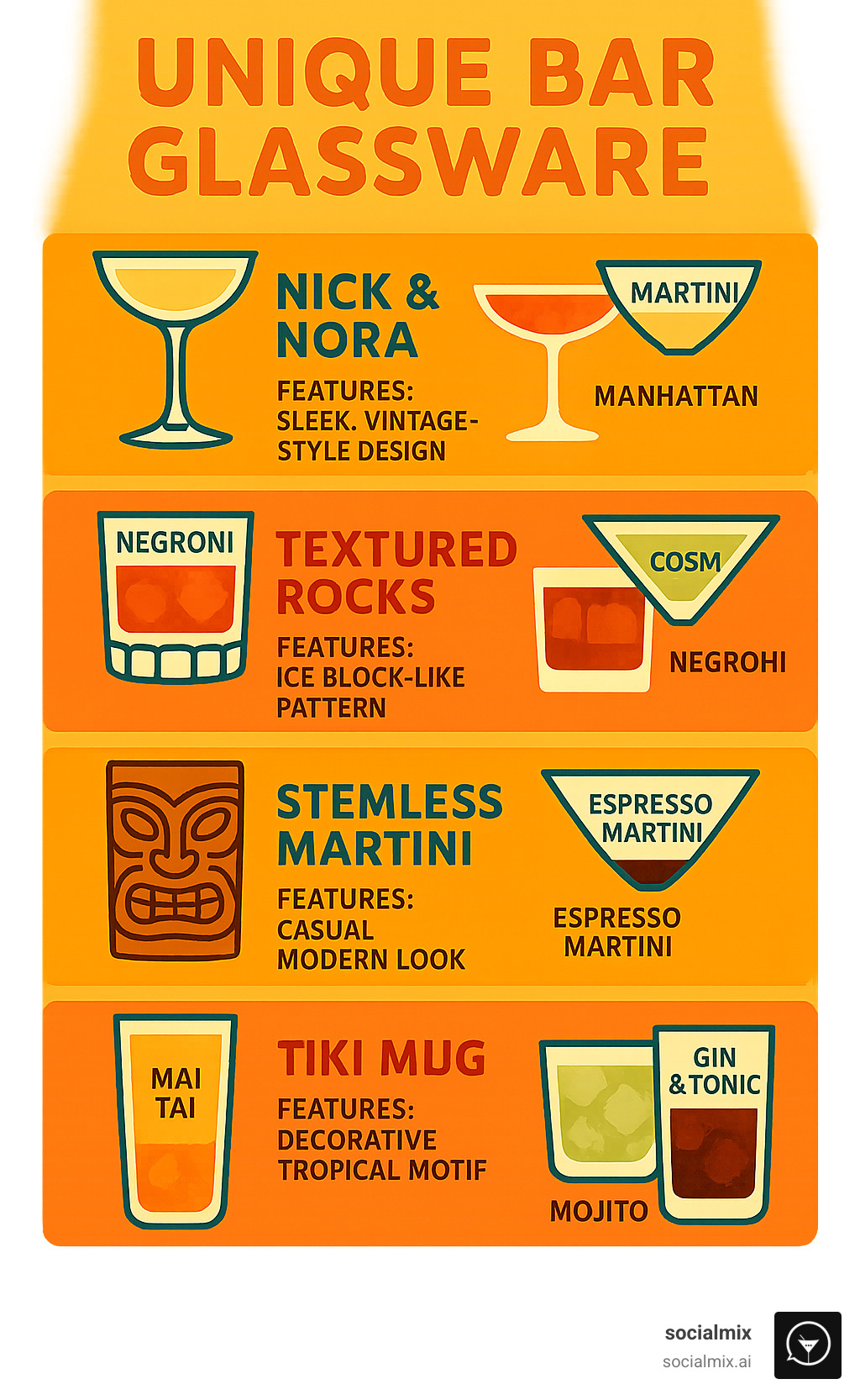 Different unique bar glassware types showing the optimal spirits and cocktails for each glass shape, including Nick & Nora glasses, textured rocks glasses, stemless martini glasses, tiki mugs, and highball glasses with their specific features and best uses - unique bar glassware infographic 