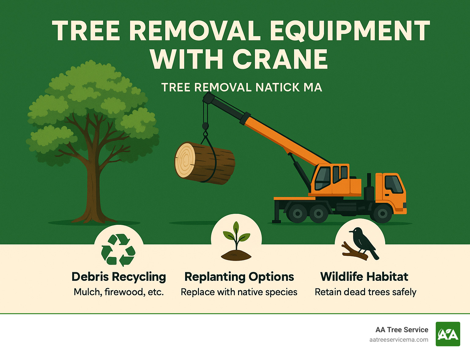 Tree removal equipment with crane - tree removal natick ma infographic 