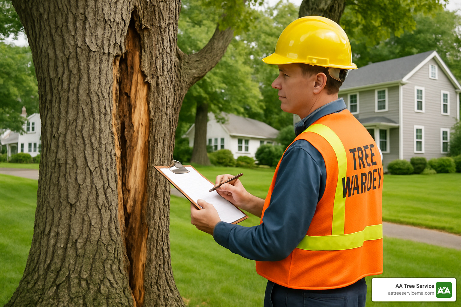 tree warden inspecting damaged tree - tree removal natick ma