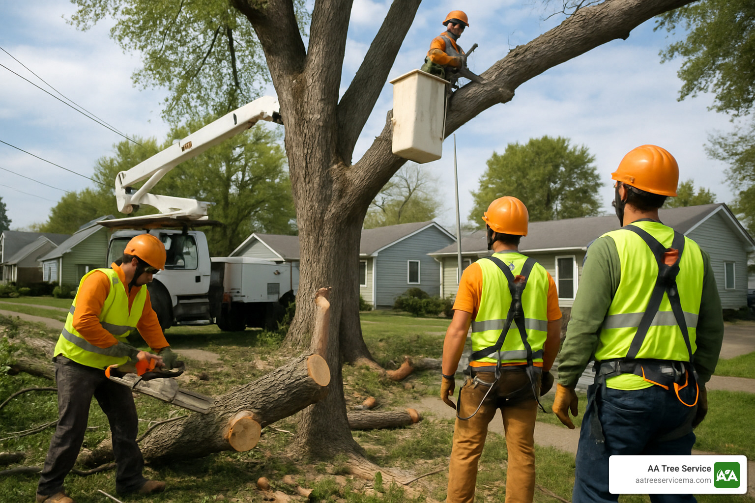 professional tree removal team with safety equipment - tree removal natick ma
