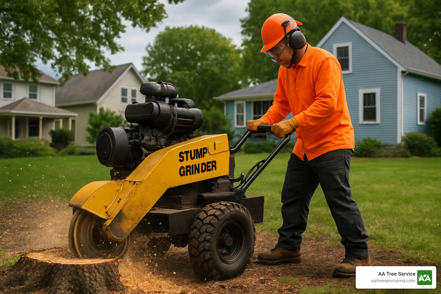 stump grinder in action - tree removal natick ma