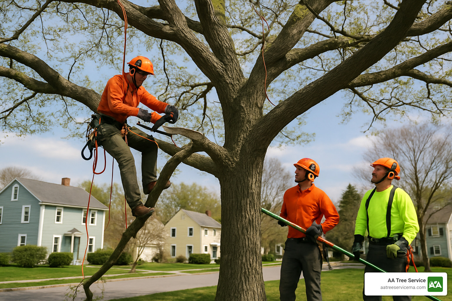 crew performing crown thinning - tree removal natick ma