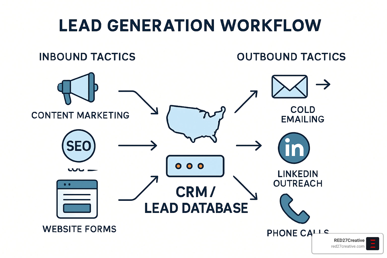 From Zero to Hero: Starting Your Lead Generation Business From Scratch • lead generation business • RED27Creative multi-channel lead generation workflow showing inbound and outbound tactics - lead generation business