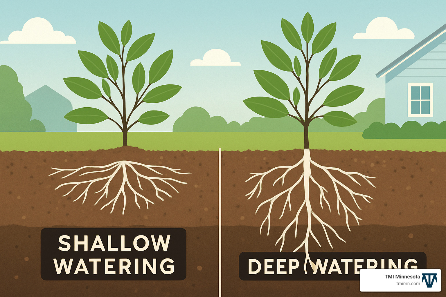deep root system comparison between shallow and deep watering techniques - Landscape irrigation solutions