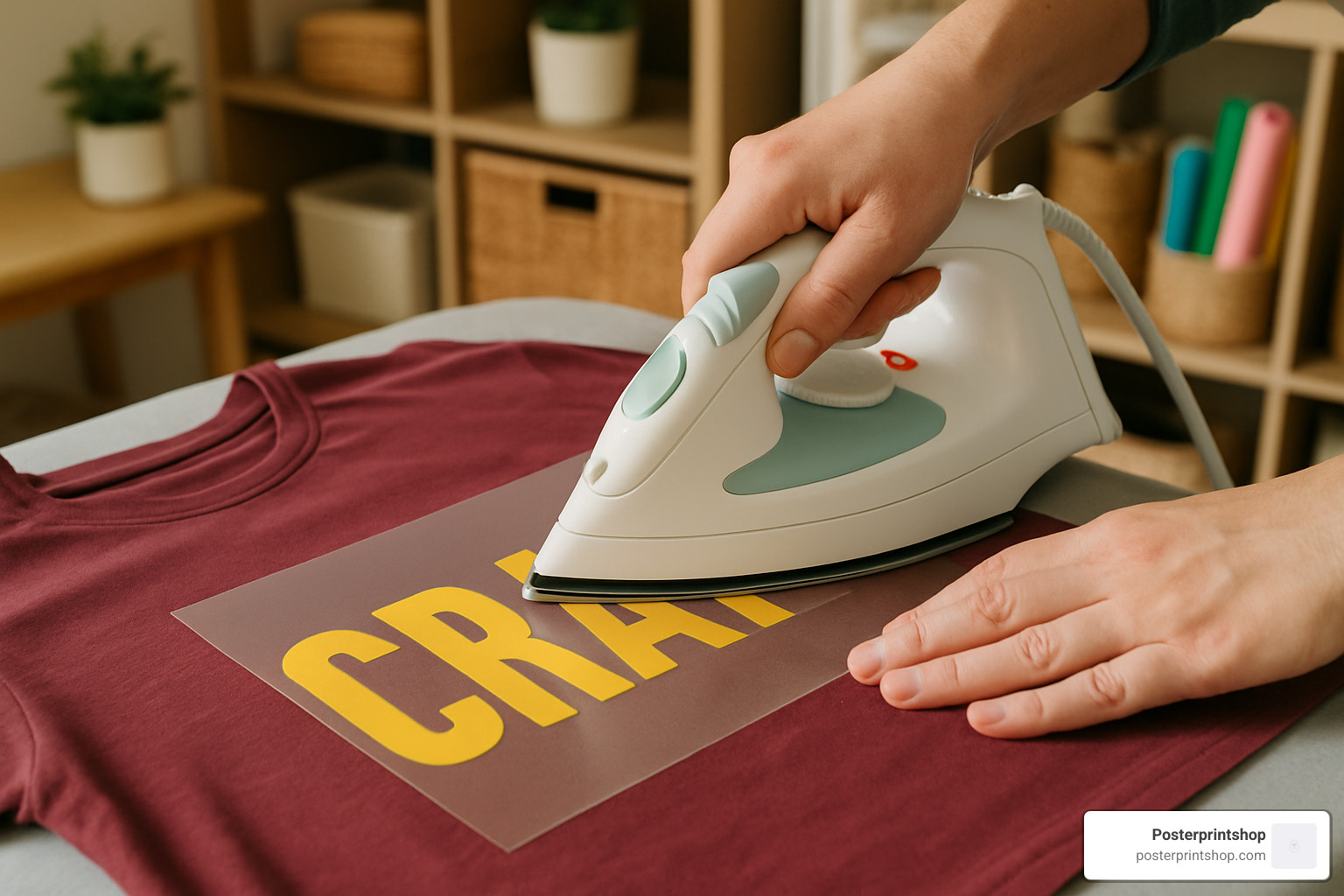 heat transfer vinyl being applied to fabric with an iron - how to transfer words onto fabric