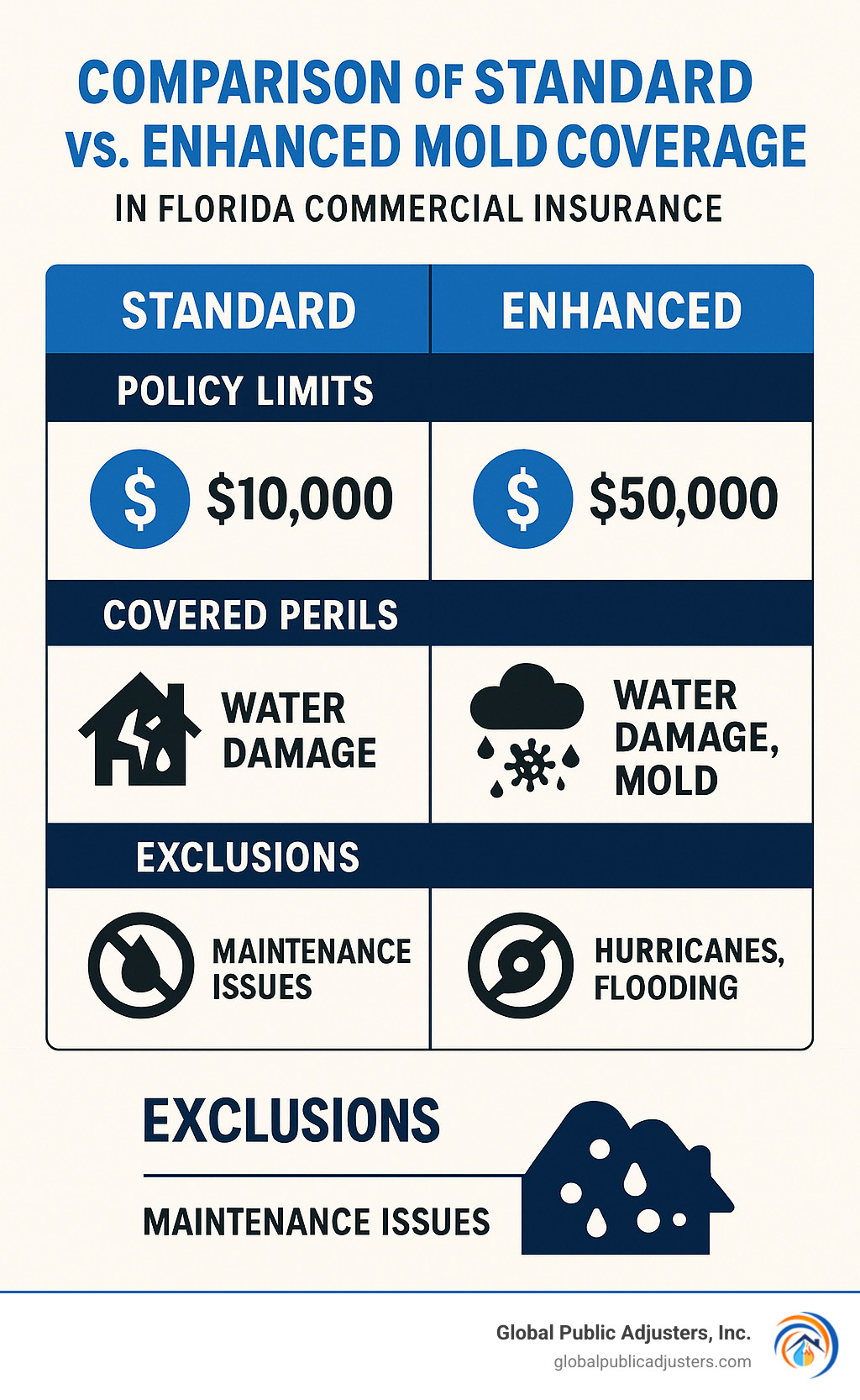 Comparison of standard vs. improved mold coverage showing policy limits, covered perils, and exclusions in Florida commercial insurance - commercial mold damage claim florida infographic 