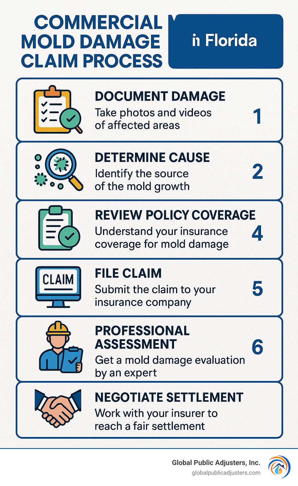 Commercial mold damage claim process in Florida showing 6 steps: 1) Document damage 2) Determine cause 3) Review policy coverage 4) File claim 5) Professional assessment 6) Negotiate settlement - commercial mold damage claim florida infographic 