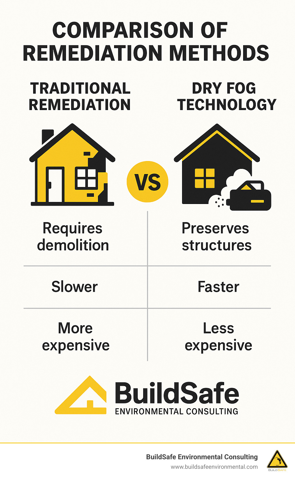 Comparison chart showing traditional remediation methods requiring demolition versus dry fog technology that preserves structures while being faster and less expensive - mold abatement company infographic 